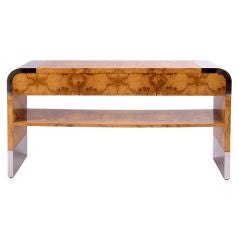 Milo Baughman burlwood console table with drawer