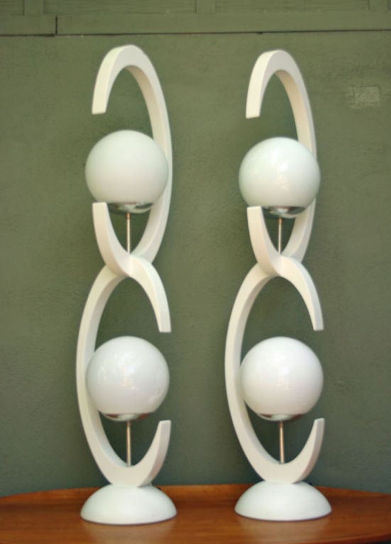 Company and designer unknown.  Both lamps nicely refinished in matte white with matte protective sealant.  3 way switch operates each globe independently or both illuminated at once.