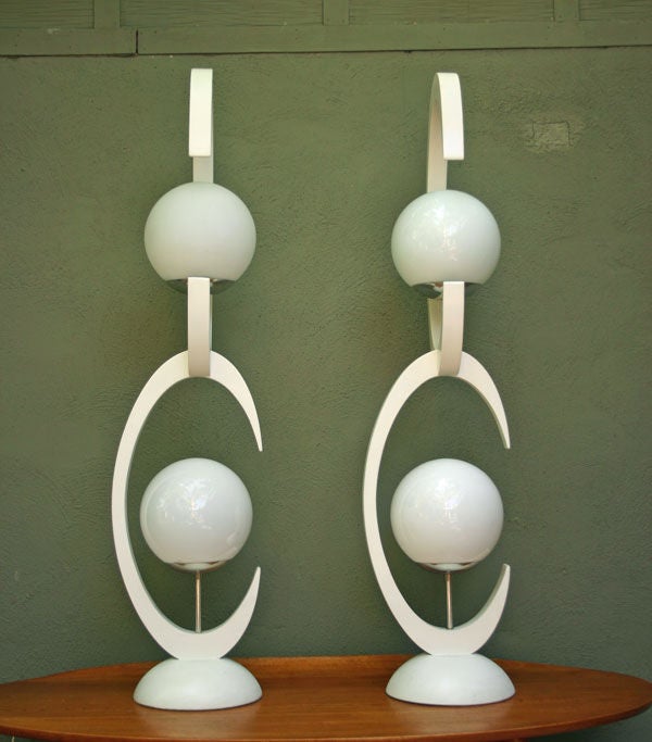 American Pair of White Crescent Moon Sculptural form lamps
