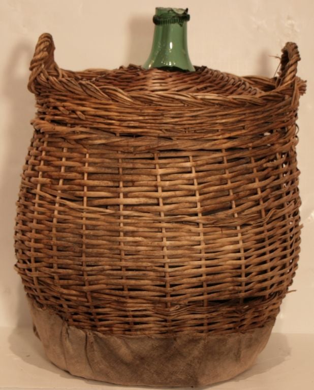 20th Century Antique French Glass Wine Bottle Wrapped in Wicker