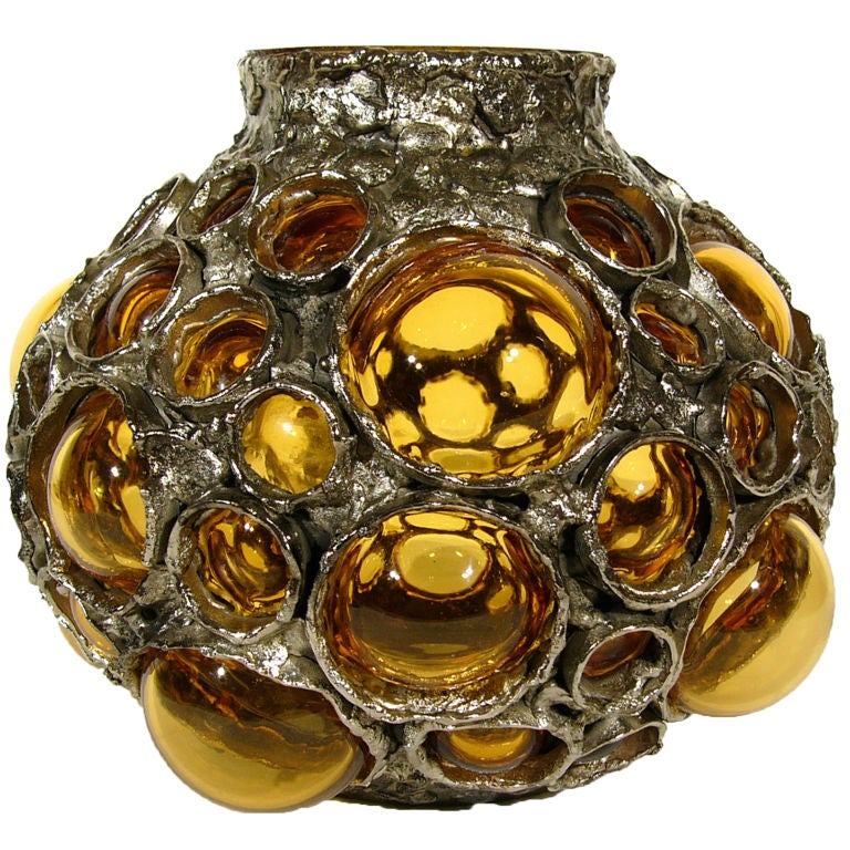 Italian 50's Fused Metal & Blown Glass Vase by Marcello Fantoni