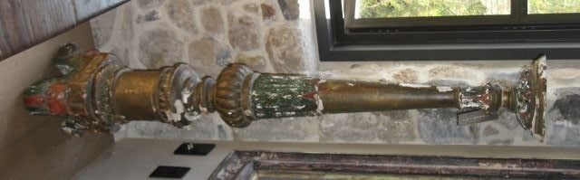 Large Italian candlestick from the late 18th Century. Beautifully carved and painted with gold, green and red accents.  Has one joint which enable easy storage or movability. Vintage condition.