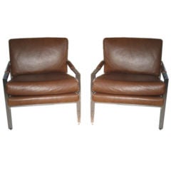 Pair of Milo Baughman Chrome and Leather  Club Chairs
