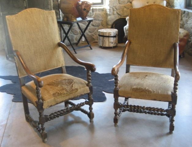 Burlap Vintage Louis XIII Highback Armchair For Sale