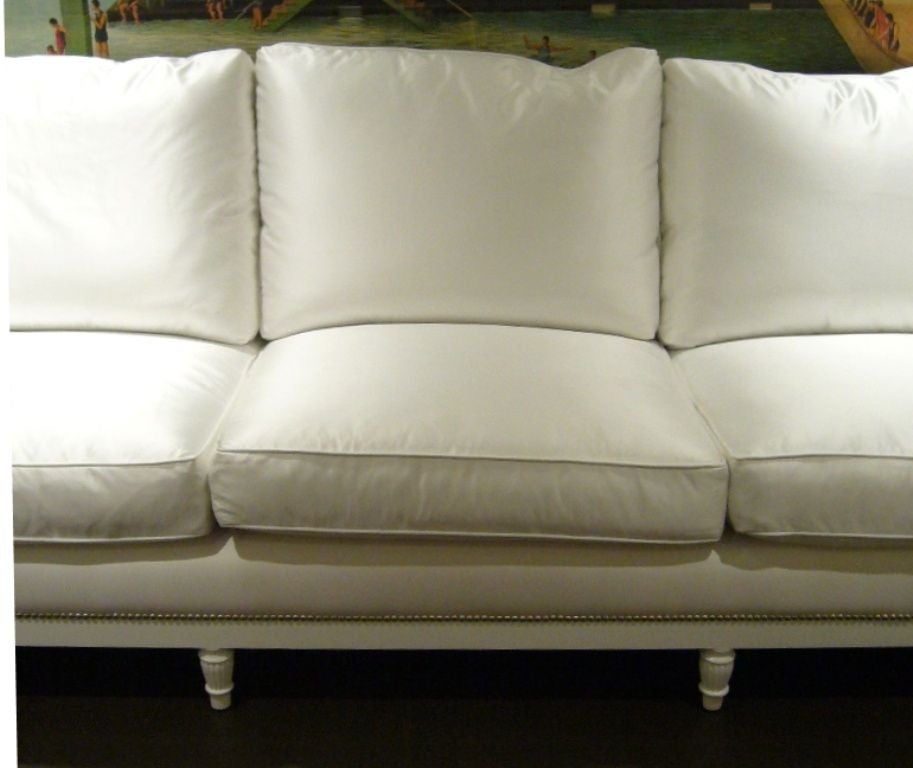 American White Satin and Nailhead Sofa For Sale