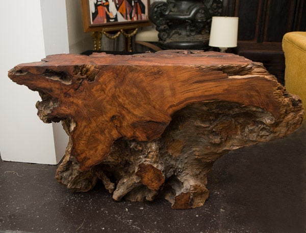Impressive burlwood console of reclaimed redwood.