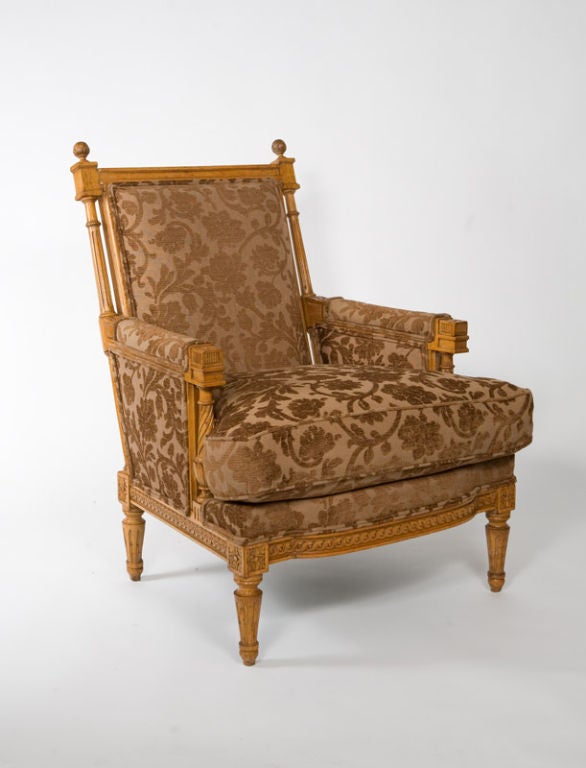 Handsome pair of Napoleon III fruitwood Bergeres upholstered in Scalamonore chestnut chenille and embroidered silk back panels.<br />
17