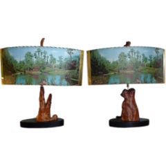 Large + Amazing Pair of Cypress Knee Lamps with Original Shades