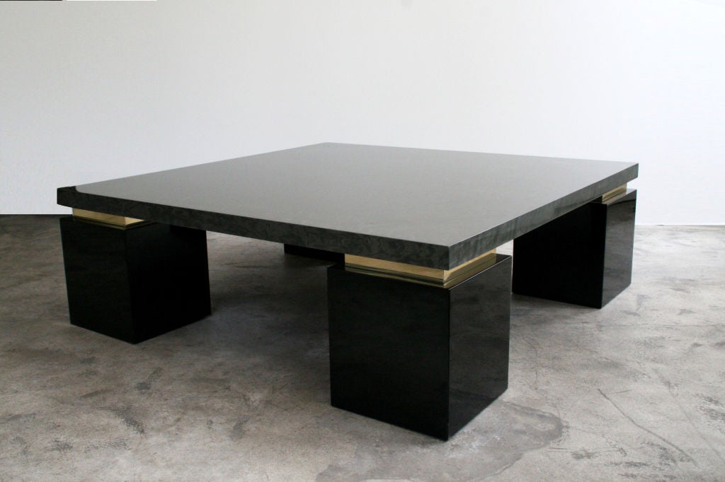 Large Italian Birdseye Coffee Table, c. 1970's, made in Italy. Stunning birdseye maple wood, shimmery glossed top with brass accents and thick black lacquered square legs, with brass details inlayed around top of legs. Very solid and heavy, truly