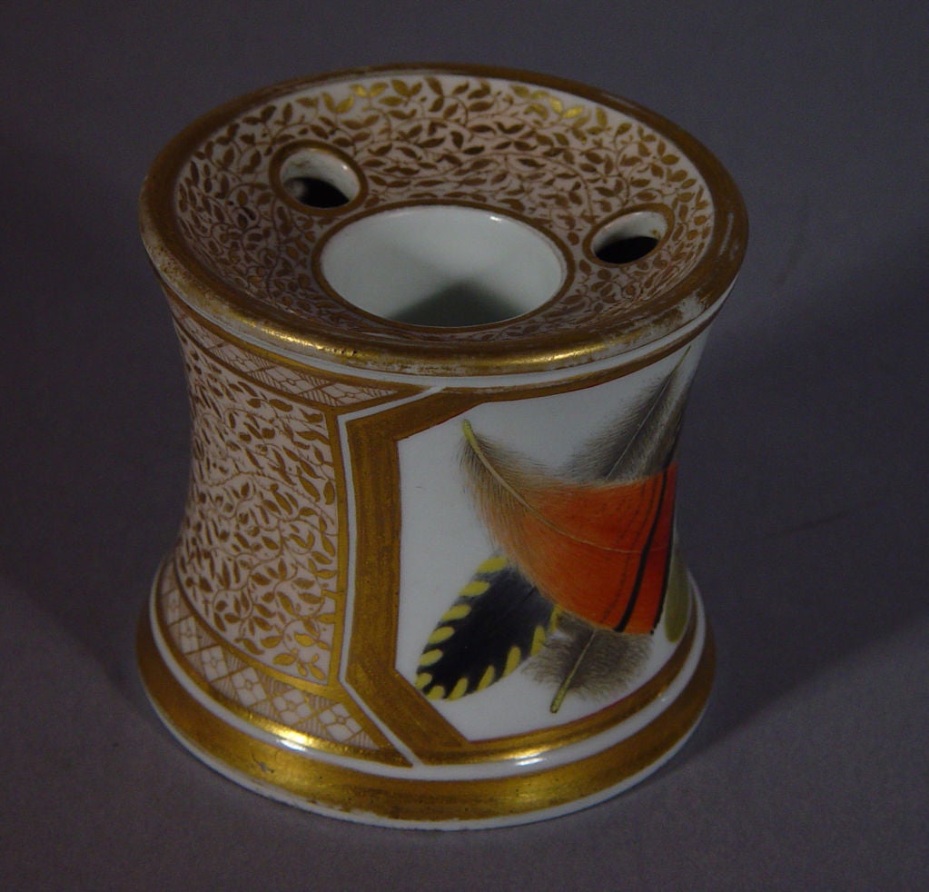 Hand-Painted A Flight and Barr Worcester Porcelain Feather Decorated Inkwell