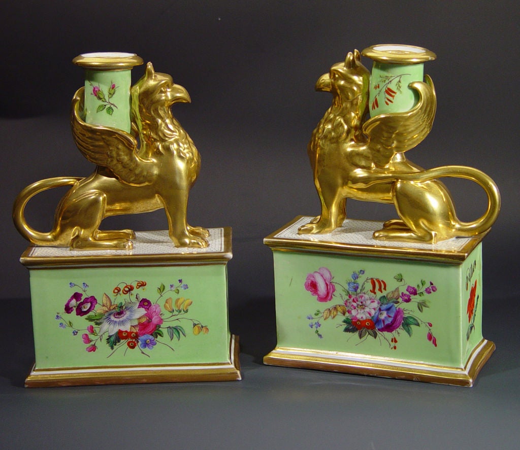 19th Century A Pair of Worcester Porcelain Griffin Candlesticks