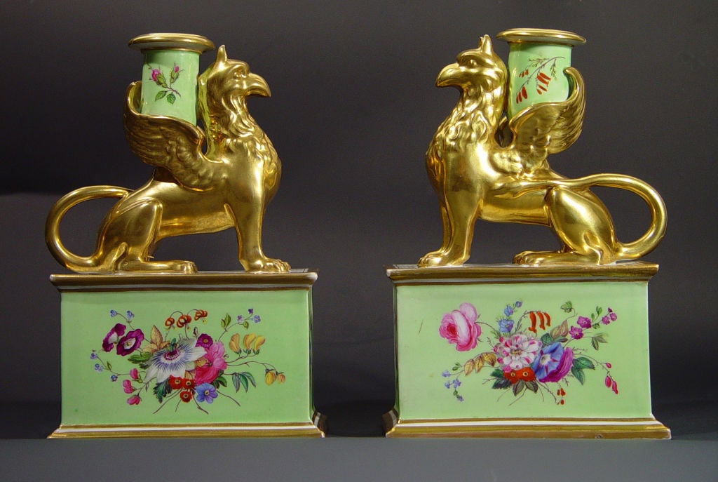 A Pair of Worcester Porcelain Griffin Candlesticks 1
