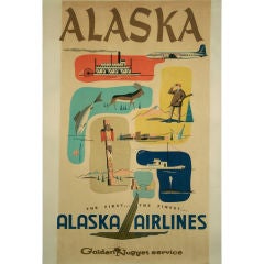 Vintage Alaska Airlines, stone lithograph poster, USA