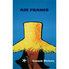 Retro Air France-French Riviera, stone lithograph poster by Rene Gruau