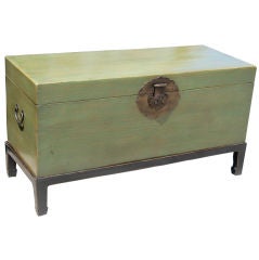 Antique wooden chest on wood stand.