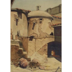 1940s Watercolor of Southwest Pueblo Home