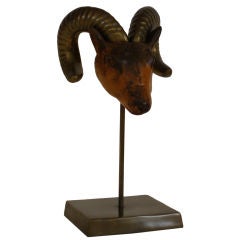 Wood and Brass Ram Head Sculpture