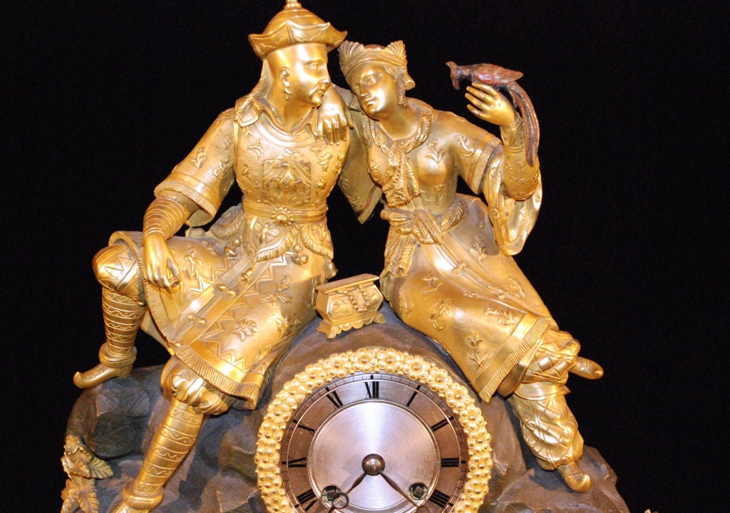 Antique French Bronze Dore And Bronze Chinoserie Design Silk Suspenison Clock 18th Century