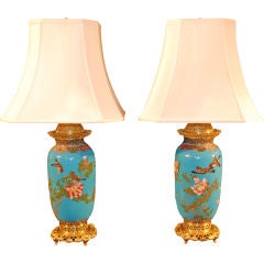 Pair Of Antique Chinese Cloissine Lamps With French Bronze Mount