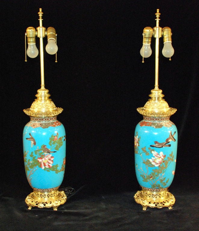 Pair of Antique Chinese Cloissone With French Ormulu Mounts Lamps Beautiful Persian Turquoise Blue Color