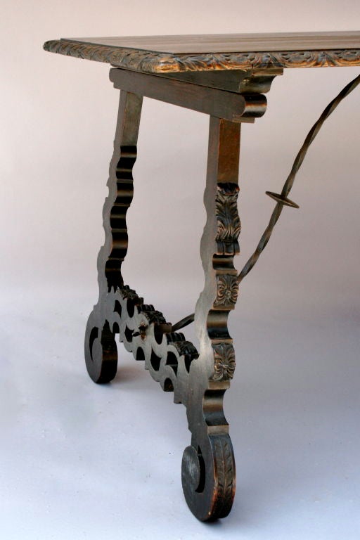 Carved Spanish Revival Table w/Iron Stretchers