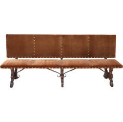Long Upholstered Spanish Bench w/Iron Stretchers