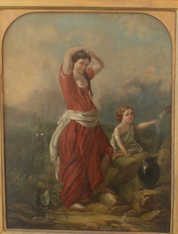 Woman in red dress stands seductively while the child plays in the water pouring from the well.  Unsigned.