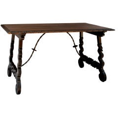 Carved Spanish Revival Table w/Iron Stretchers