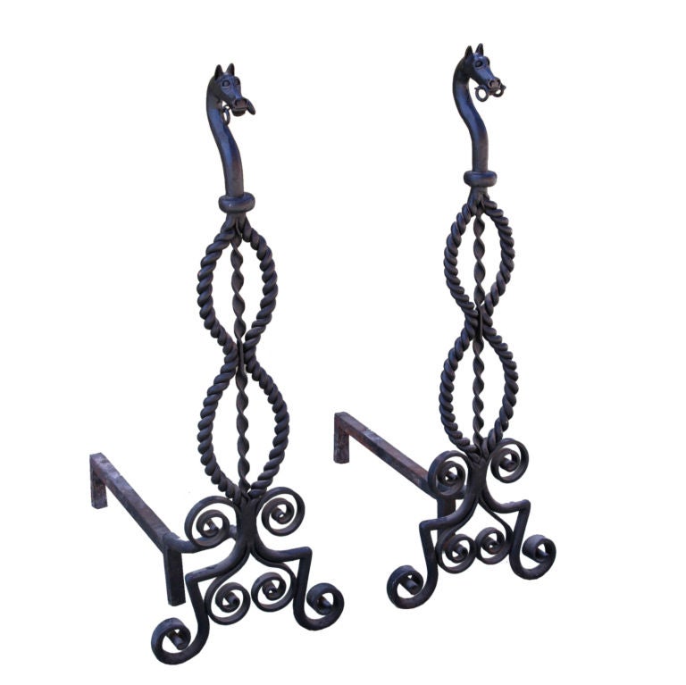 Finely Crafted Pair of Hand-Wrought Iron Andirons w/ Horses