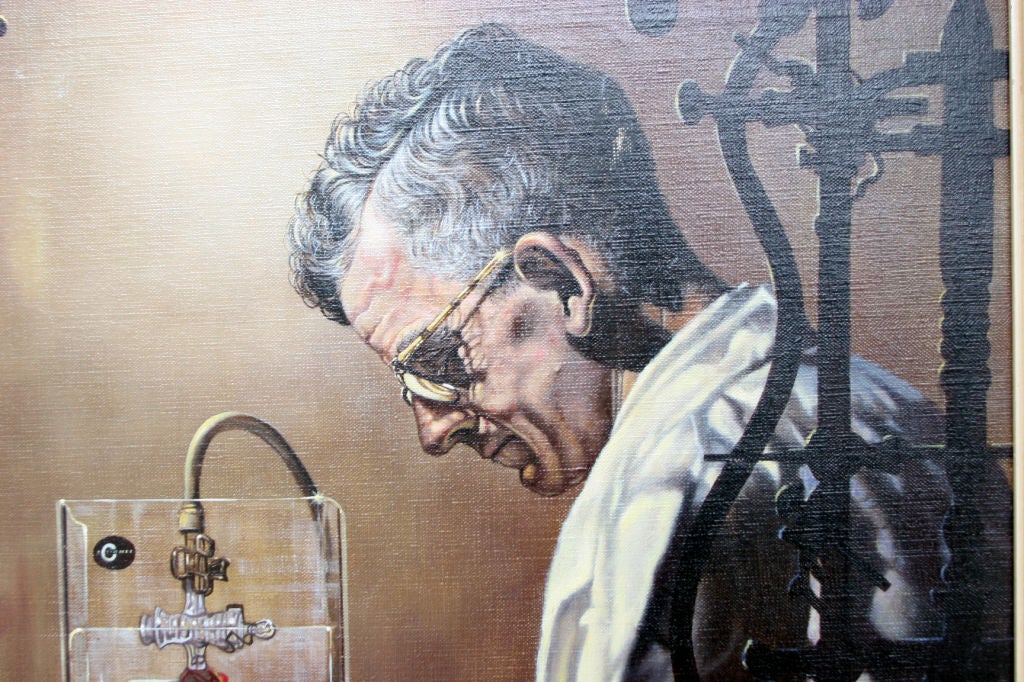 Oil on canvas, framed, of a chemist at work in his lab. Signed lower left Anthony Hyde.
It is of a chemist at the Edgewood Area of Aberdeen Proving Ground in Maryland. Mr. Hyde was a prolific painter, he did many such paintings most of them by