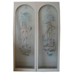 A Pair of framed acid etched and enamelled glass panels
