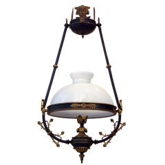 Green painted & gilt bronze light fixture with white milk glass