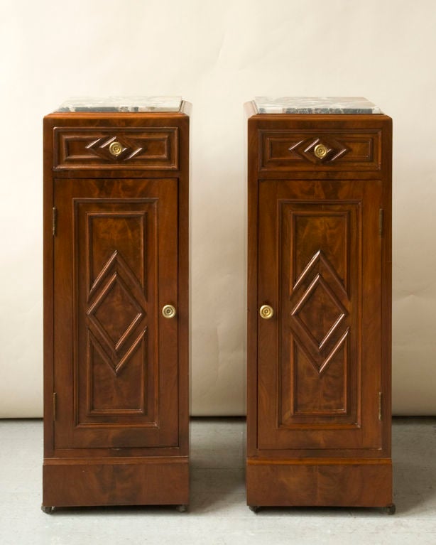 Pair of Charles X Style Mahogany Nightstands, Breche Marble Tops In Good Condition For Sale In New York, NY