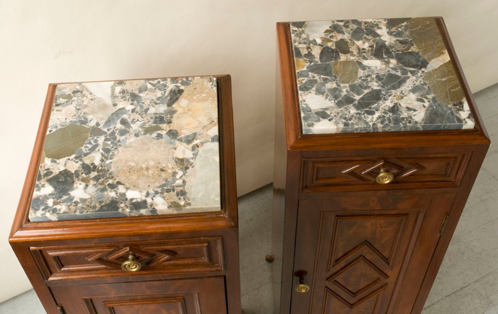 19th Century Pair of Charles X Style Mahogany Nightstands, Breche Marble Tops For Sale