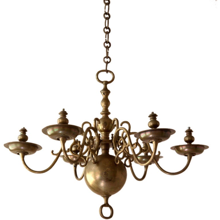 Antique Flemish style brass chandelier For Sale