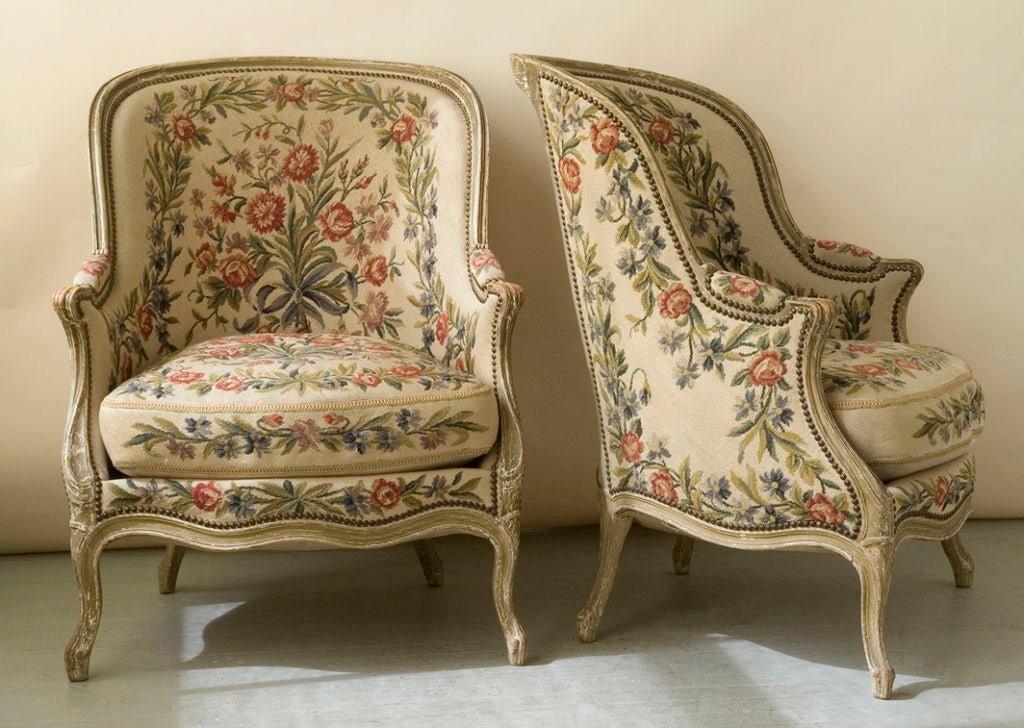 Louis XV style gray painted bergeres