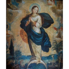 18th Century Spanish Colonial Madonna Virgin painting on Wood