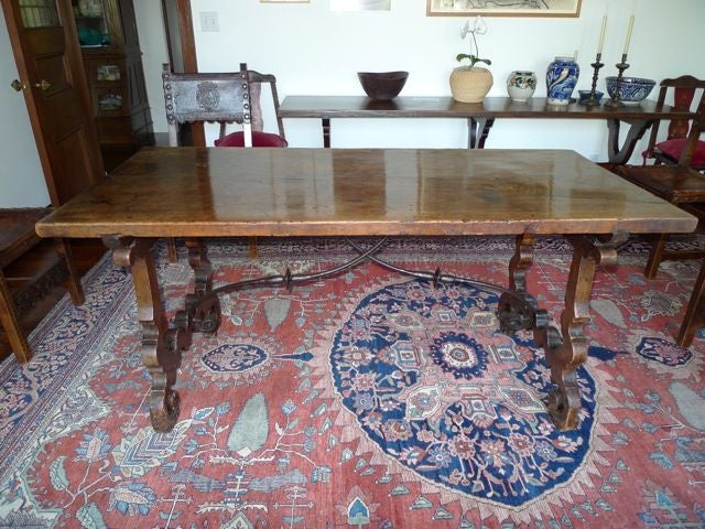 Excellent Spanish 17th Century lyre leg table. Walnut. Can be used as a desk or dining table. Gorgeous thick single slab Walnut top.  A fantastic rare original table. 

Haskell Antiques-Specializes in rare 16th, 17th, 18th Century Italian,