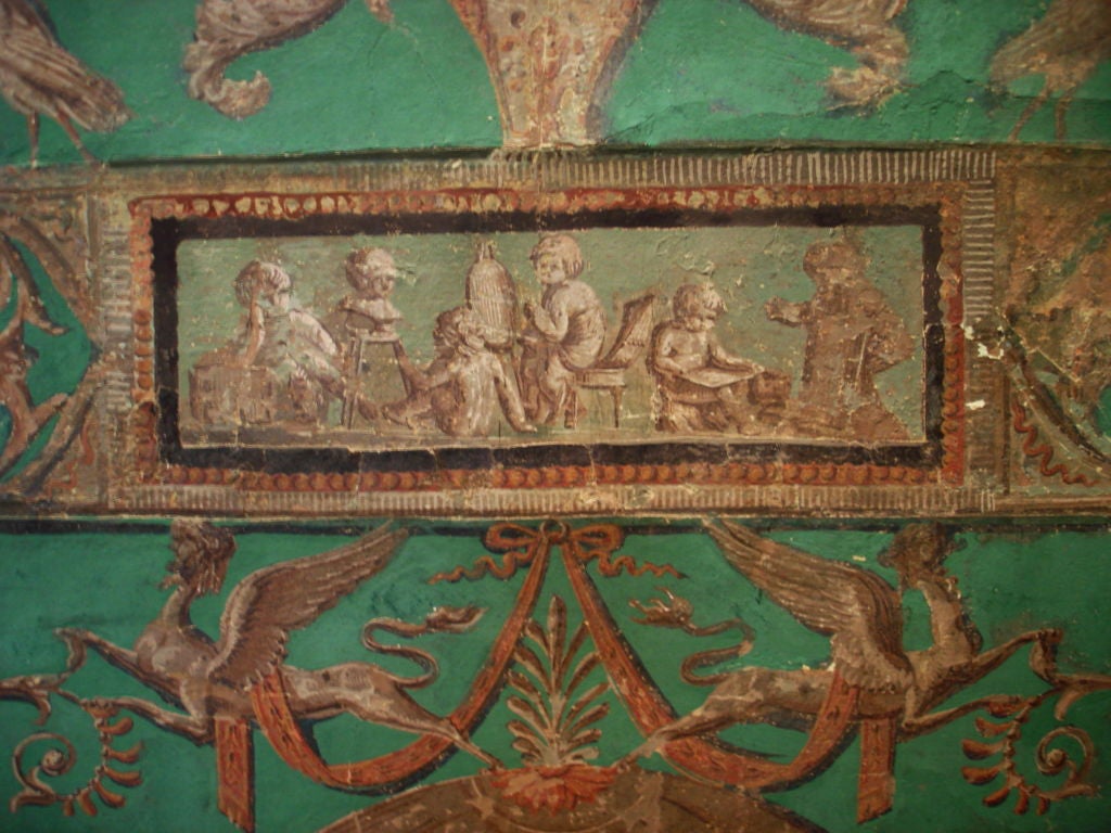Large Pair of Handpainted Wallpaper Panels in Roman Style.<br />
Neoclassical work similar to frescoes from Pompeii and Herculaneum.