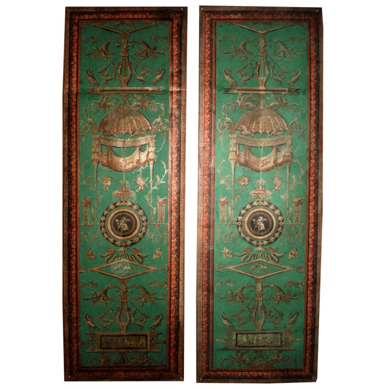 Rare Pair 18th Century Painted Wallpaper Panels