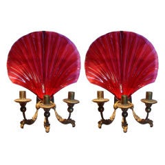 Pair of Magnificent Cranberry Glass Shell Form Wall Sconces