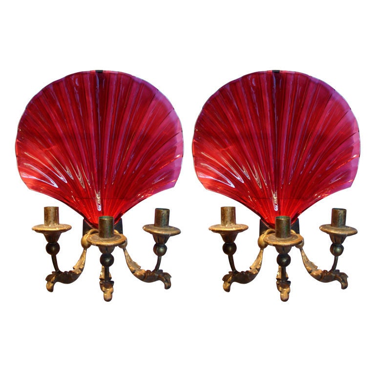 Pair of Magnificent Cranberry Glass Shell Form Wall Sconces