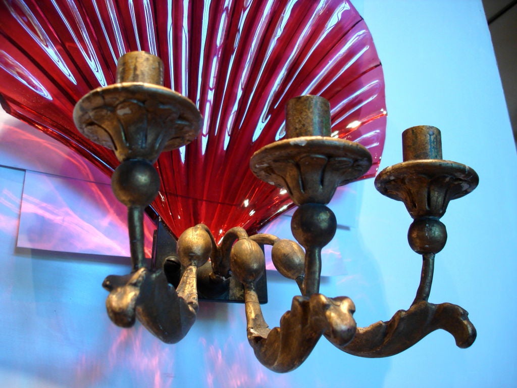 Rare Pair of Cranberry Glass Wall Sconces in Shell Motif.  Probably Venetian.