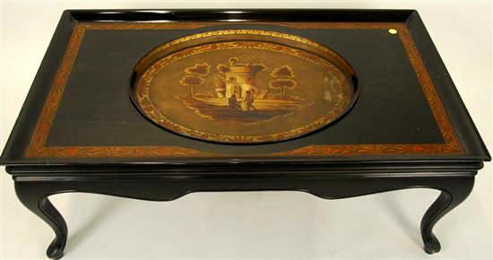 Regency Tole Tray fitted into custom lacquer coffee table.  Note gilding on table matching period tray.