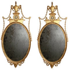 Pair of Adam Style Gilt Oval Mirrors
