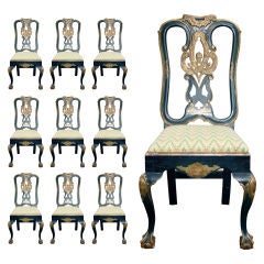 Antique Set of Ten Danish Baroque Painted Dining Chairs