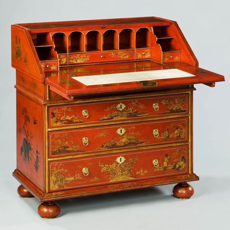English A WILLIAM AND MARY RED JAPANNED BUREAU