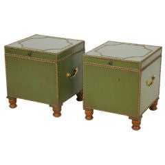 Antique English Pair Leather Top Trunks/Tables