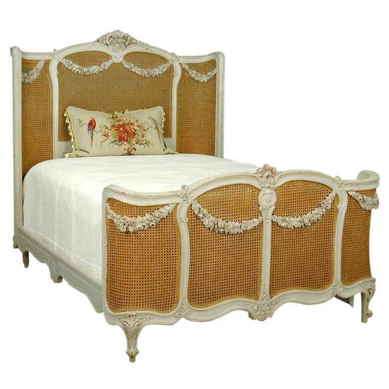 Painted & Cane Bed with Floral Swags