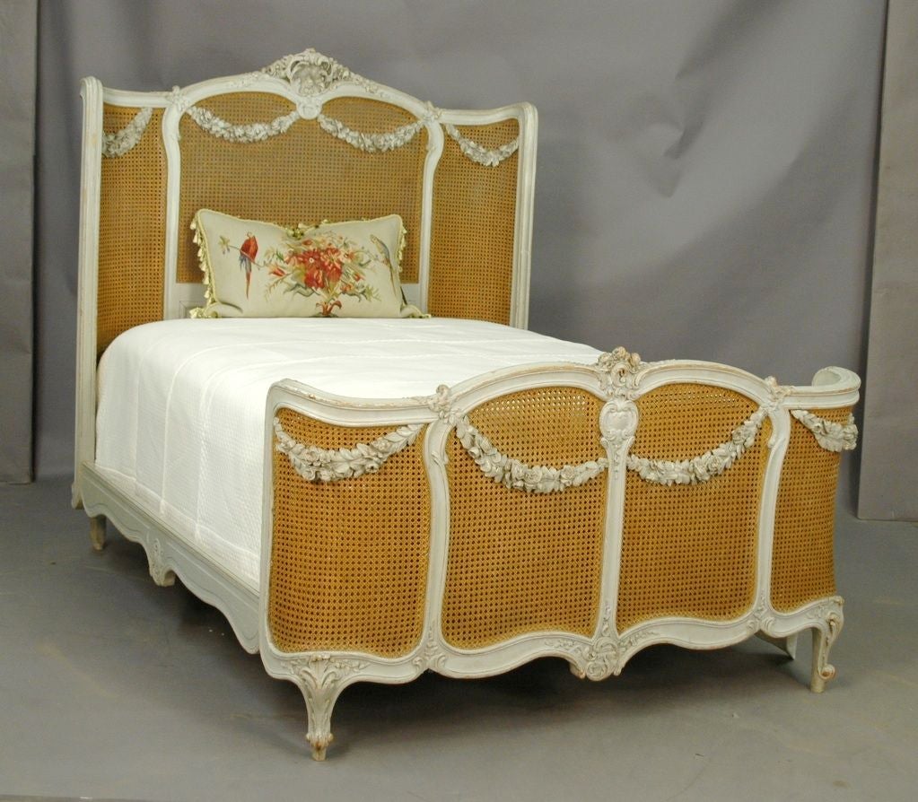 French Painted & Cane Louis XV - Louis XVI Style Bed with Floral Swags, early 1900's.  Headboard 64 1/2